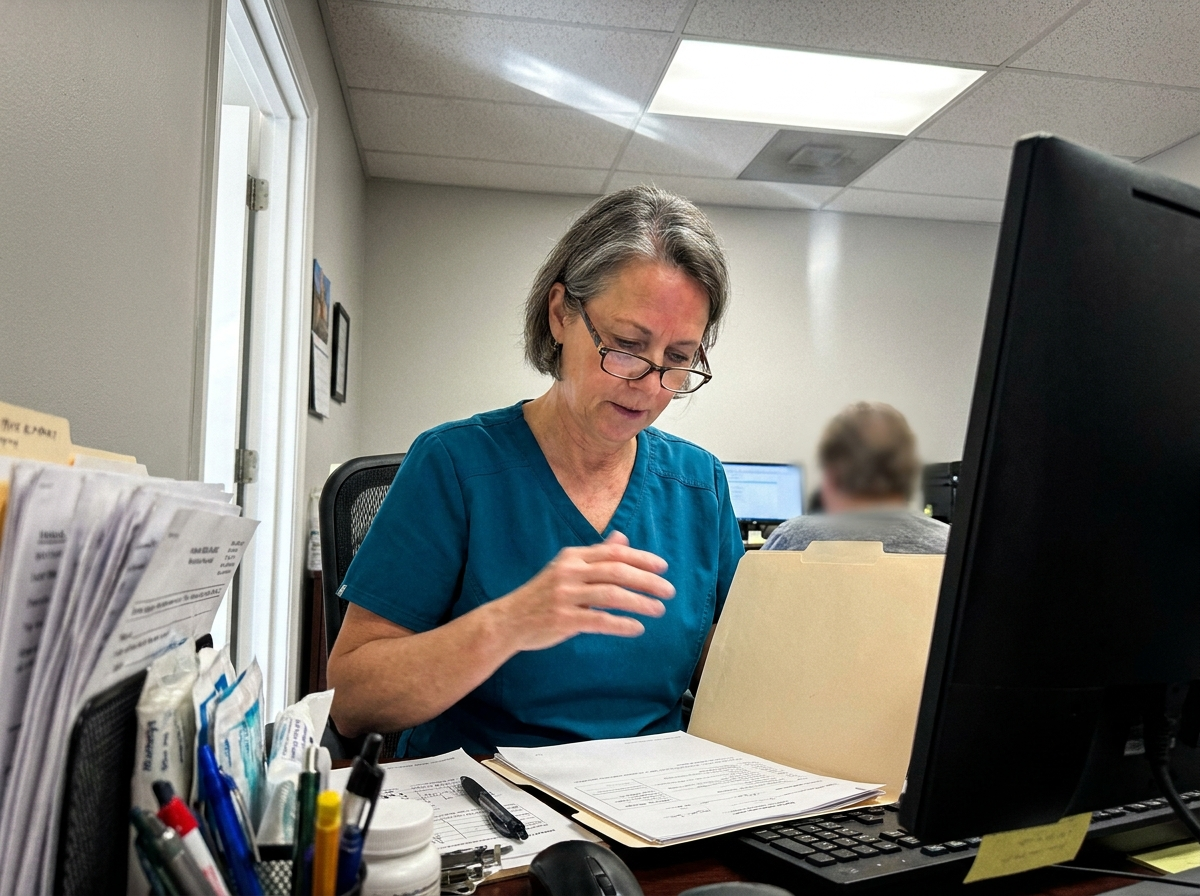 A female clinician in her early 50s in scrubs reviewing paperwork at a desk and explaining findings to a patient seated across from her.