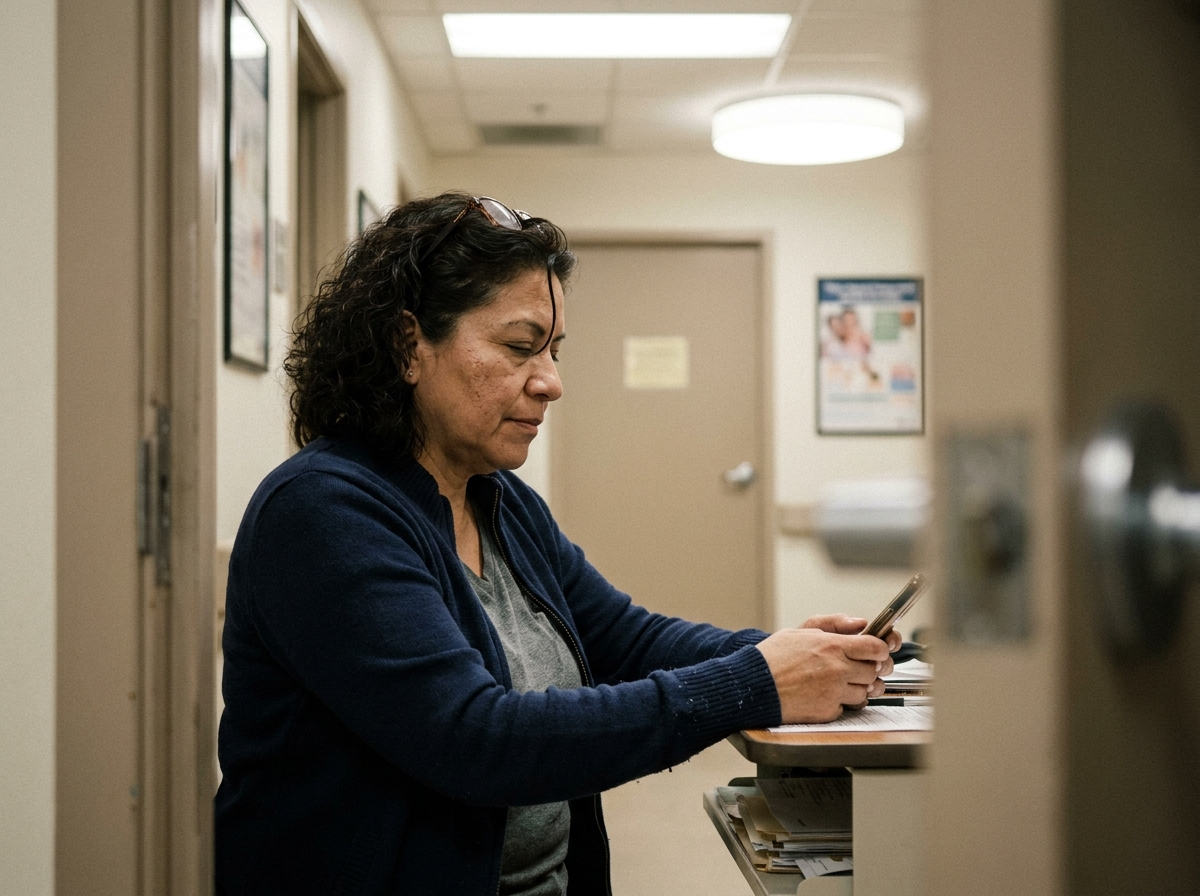 A woman in her mid-50s checks her phone in a quiet clinic hallway between appointments, caught in a candid moment through a doorway.