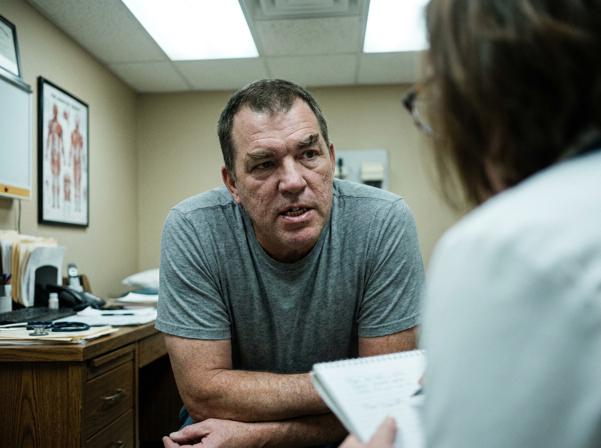 A middle-aged male patient sitting in a small medical office, speaking candidly with a provider, leaning forward in conversation.