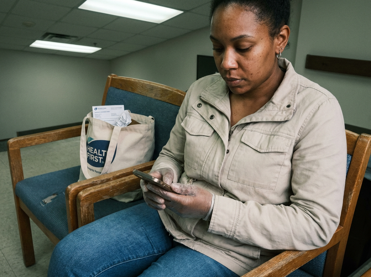 A woman in her early thirties sitting in a clinic waiting room looking at her phone, with insurance papers visible in her tote bag beside her.