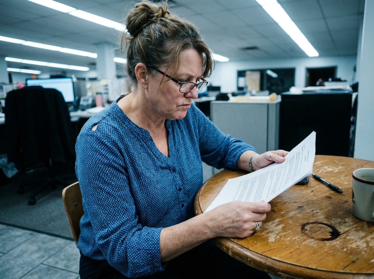 Woman at a small office table reading a document carefully under fluorescent light