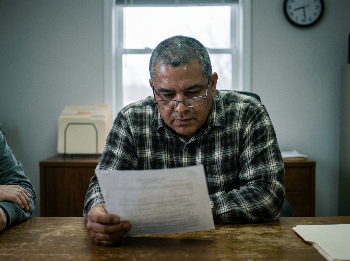 Middle-aged man sitting at a desk reviewing paperwork in a plain office, overcast window light behind him