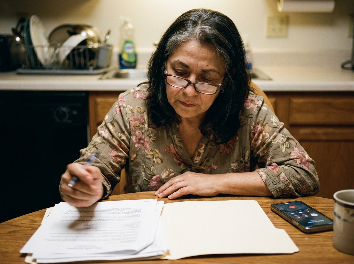 Older Latina woman reviewing paperwork at a kitchen table with a pen in hand and a phone nearby