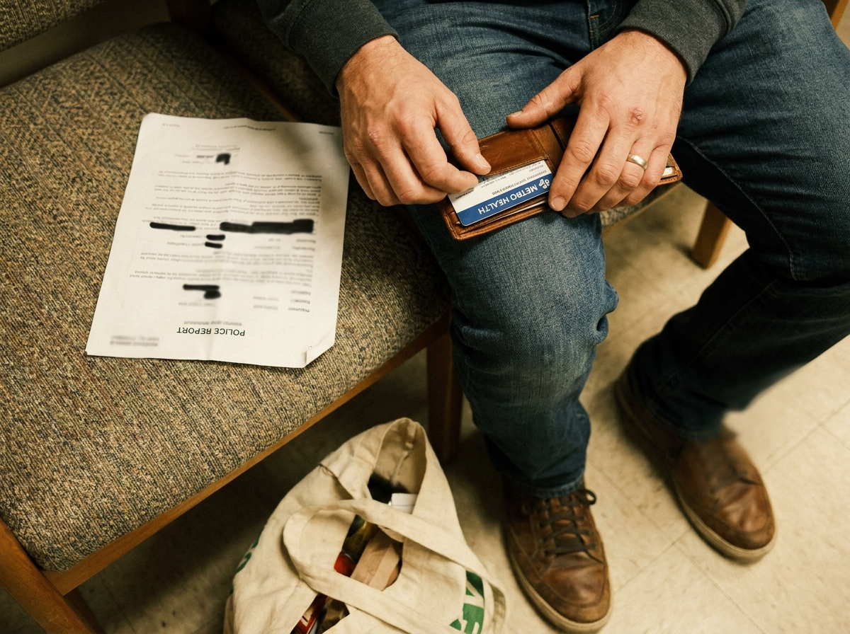 Person pulling insurance card from wallet with a police report resting on a waiting room chair beside them