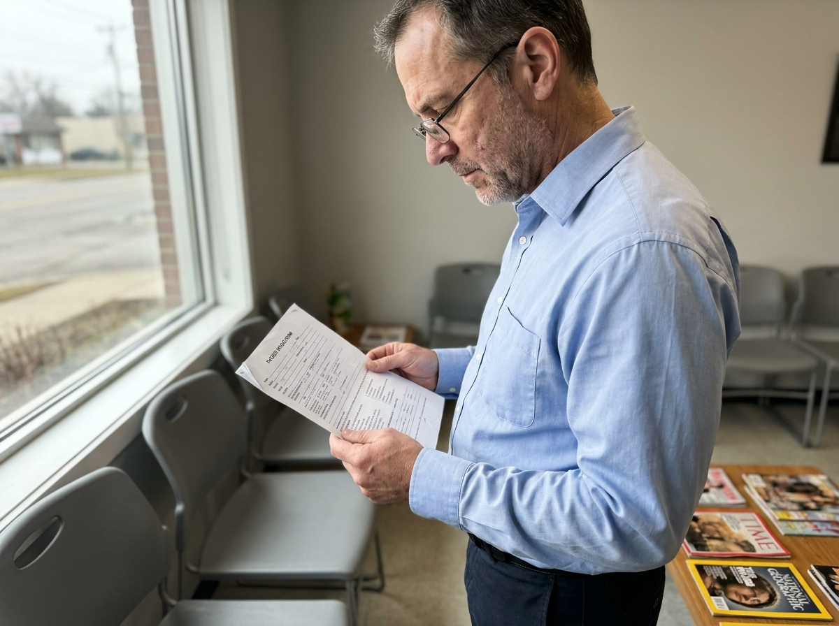 A man in his early 50s stands by a clinic waiting room window reading an insurance form, reading glasses low on his nose.