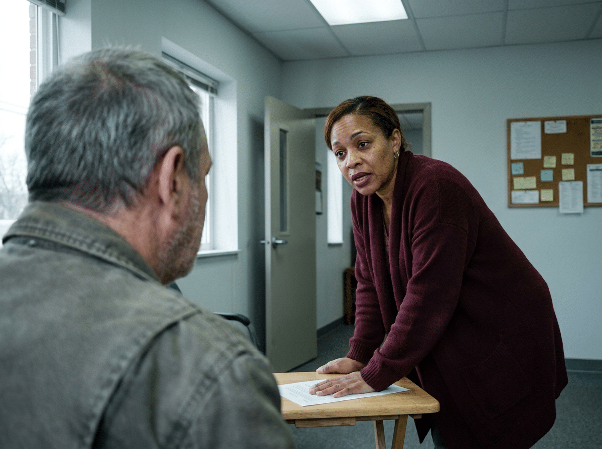 A woman in her early 40s leans across a small table explaining something to a patient, seen over his shoulder