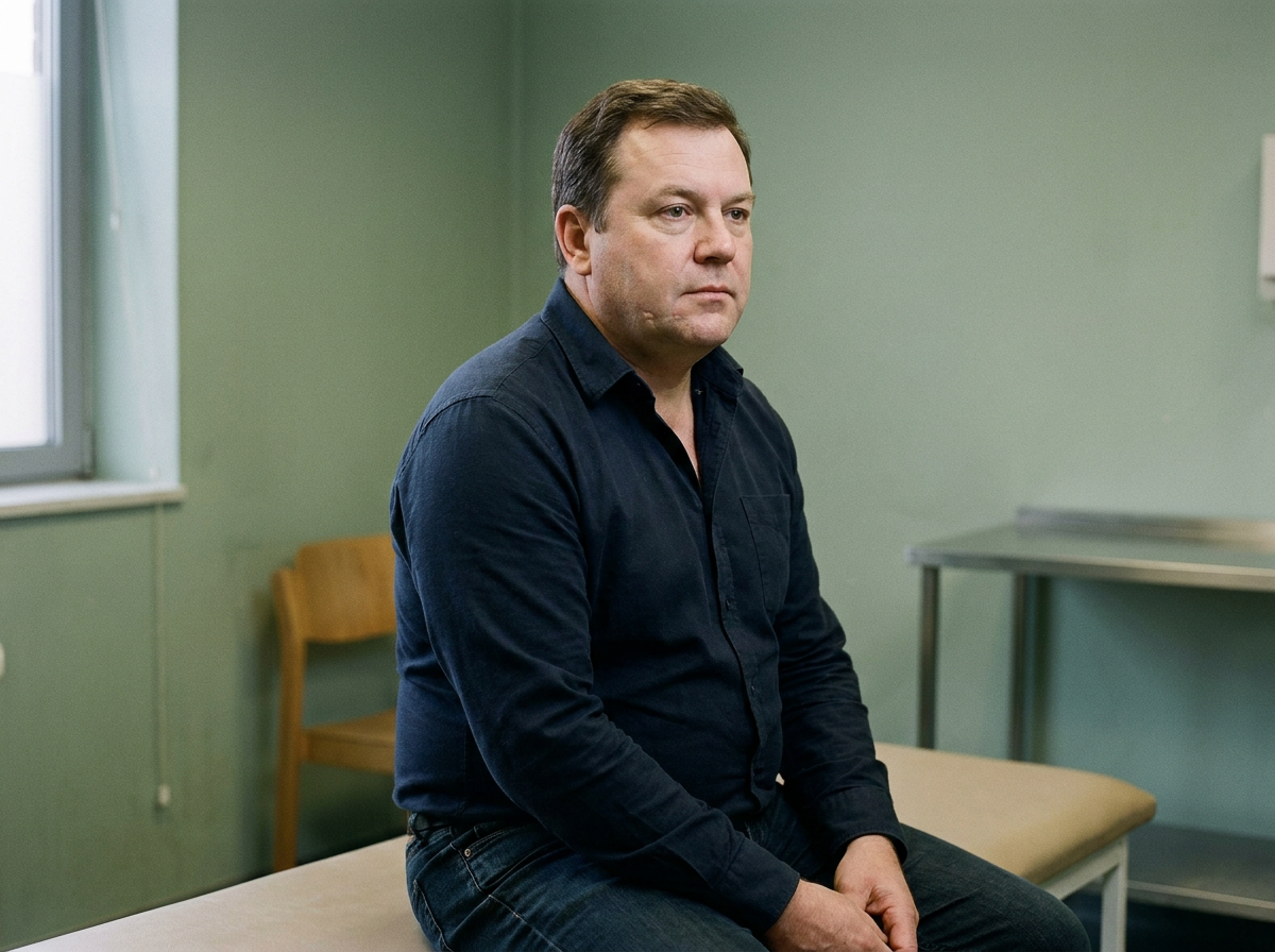 A stocky man in his early fifties sitting upright on a bench in a sparse clinical room, lit by flat gray window light, looking quietly ahead.