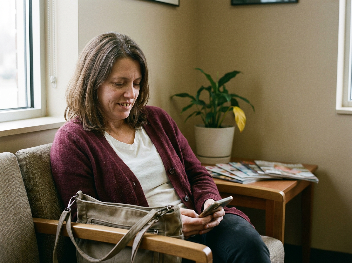 A woman sitting in a clinic waiting room looking at her phone before an appointment