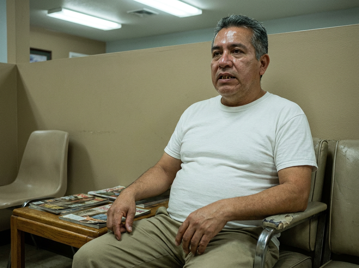 A man sitting alone in a chiropractic clinic waiting room before his appointment.