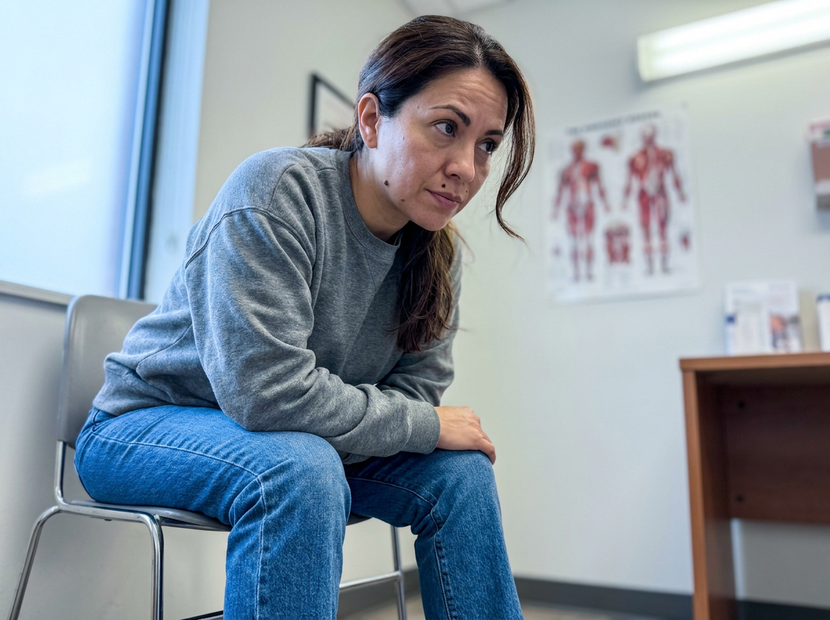 Woman seated in a clinic consultation room leaning forward and listening, lit by window light with a sparse medical office behind her