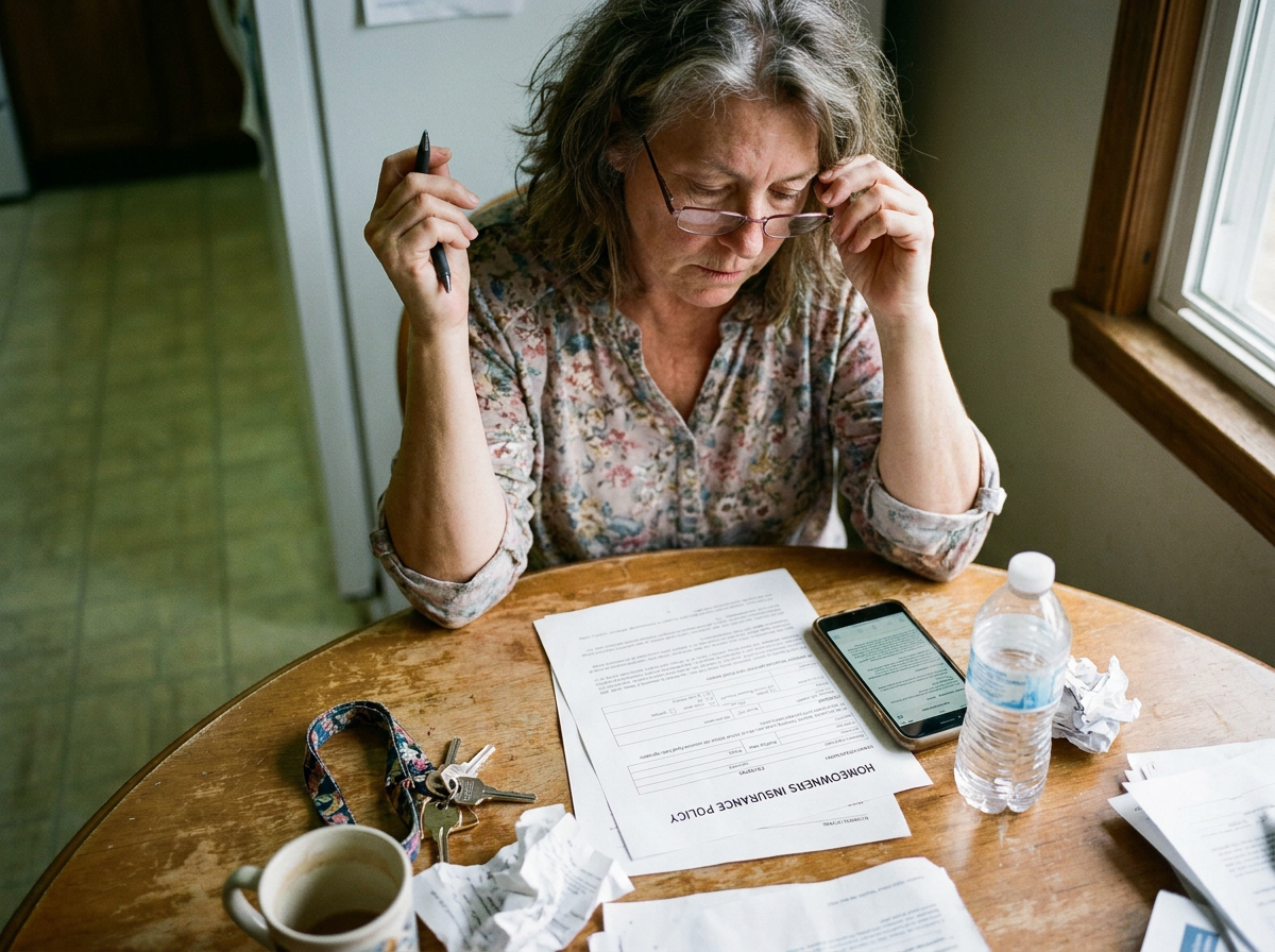 A woman in her late 50s at a table reviewing an insurance document and her phone, reading glasses on, pen in hand.
