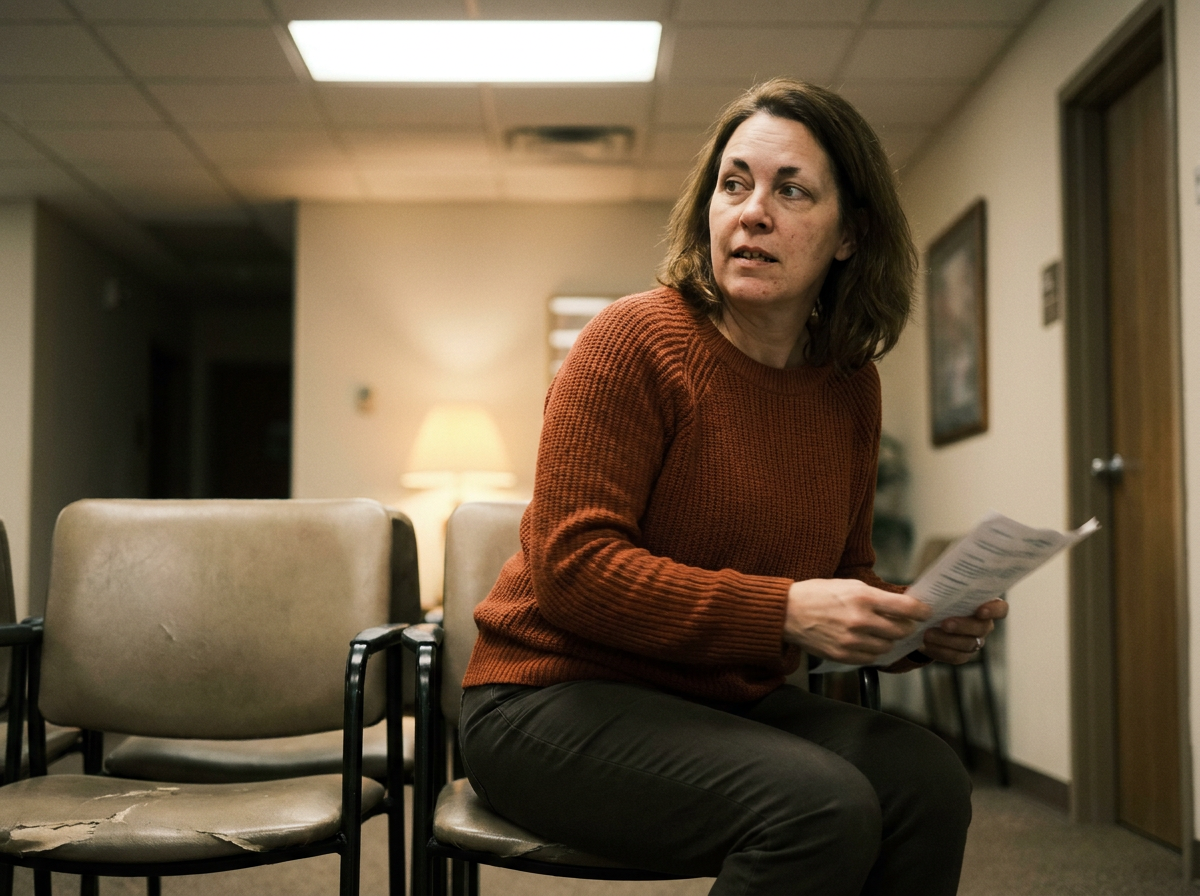 A woman in her early 50s in a waiting room chair, caught mid-movement as if just called, holding a folded document.
