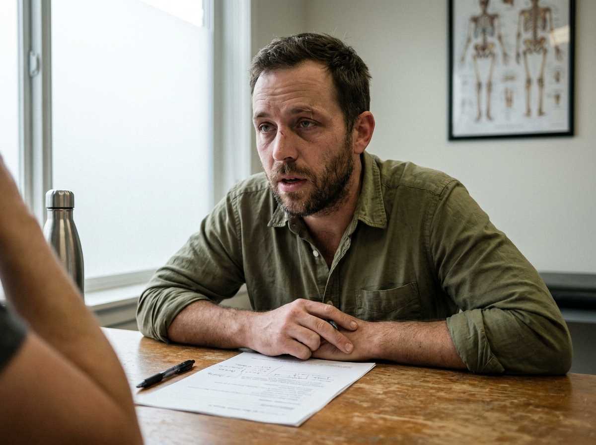 A man in his late 30s leans forward at a clinic desk in conversation with a provider just out of frame, a printed document and pen between them, his expression attentive and candid.