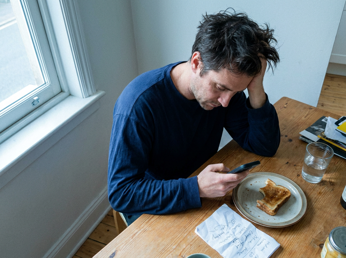 Man at a kitchen table reading his phone and looking over paperwork, relaxed and focused