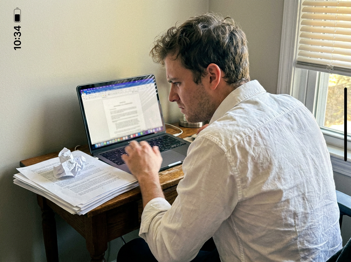 A young man in his late 20s leaning toward a laptop at a desk, reading intently with a focused, slightly furrowed expression.