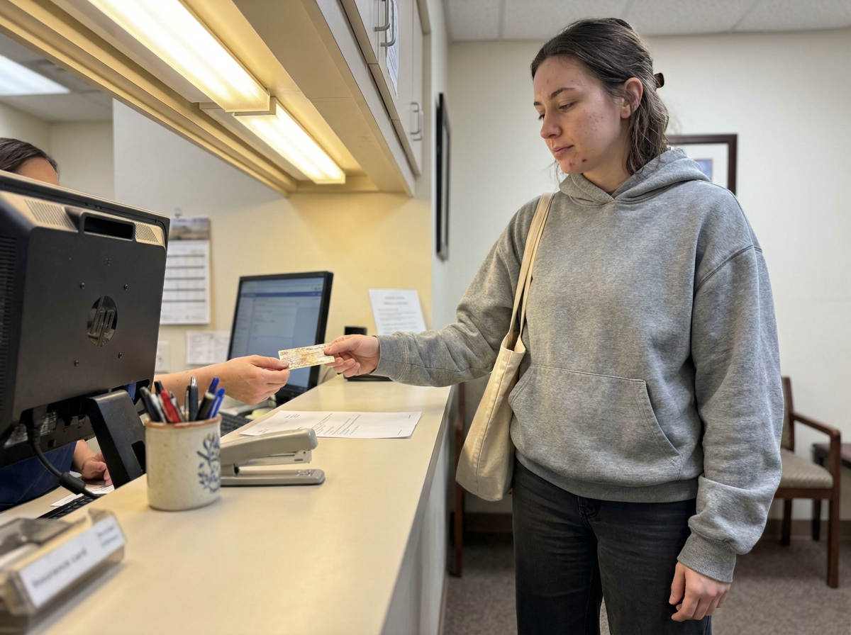 A young woman handing an insurance card to a clinic receptionist at a plain front desk under fluorescent light