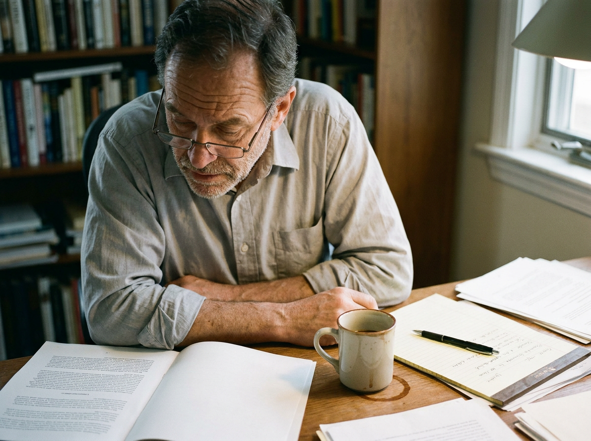 An attorney in his early 60s reviewing chiropractic case records at his desk, warm office light, candid working moment
