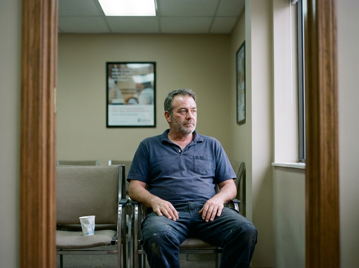 A man in his mid-fifties sits in a waiting room chair looking toward a window, patient expression, paper cup beside him