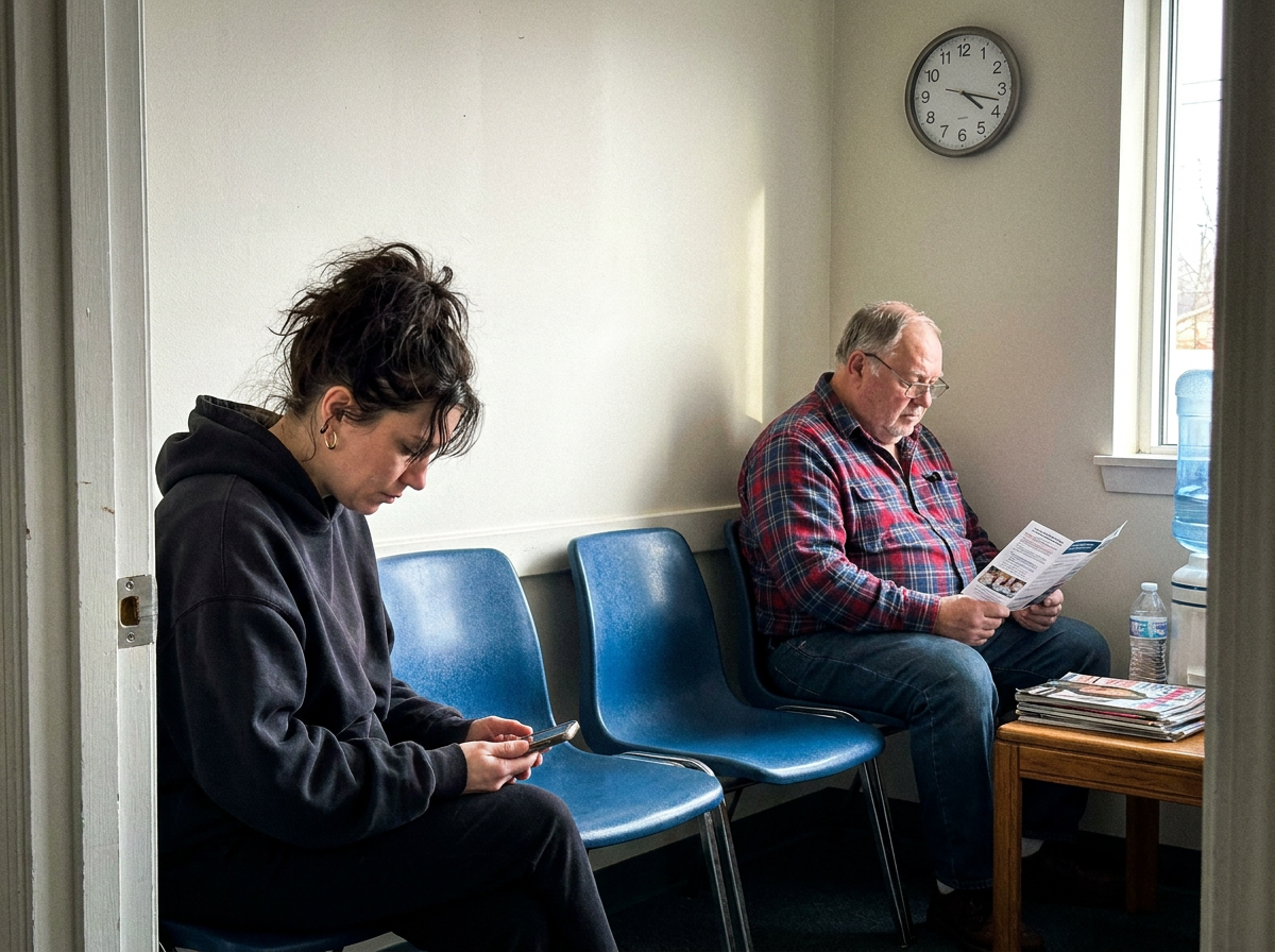 Two patients sitting apart in a modest clinic waiting room — a younger woman on her phone and an older man reading a brochure — under plain window light.