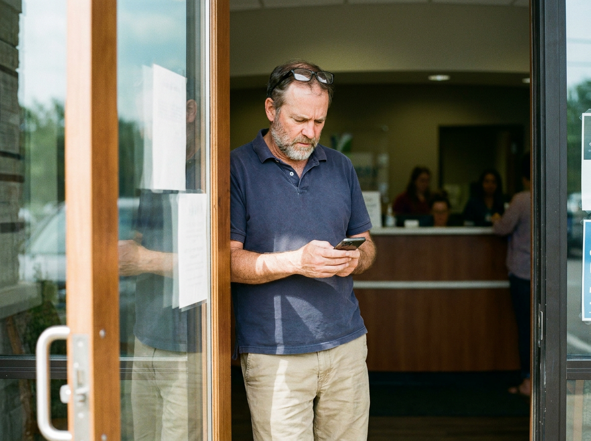 Older man standing inside a clinic entrance looking at his phone under natural window light, shot on 35mm film