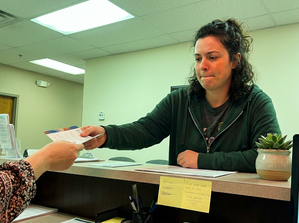 A woman handing her insurance card to a clinic receptionist at check-in for her first appointment after a car accident.