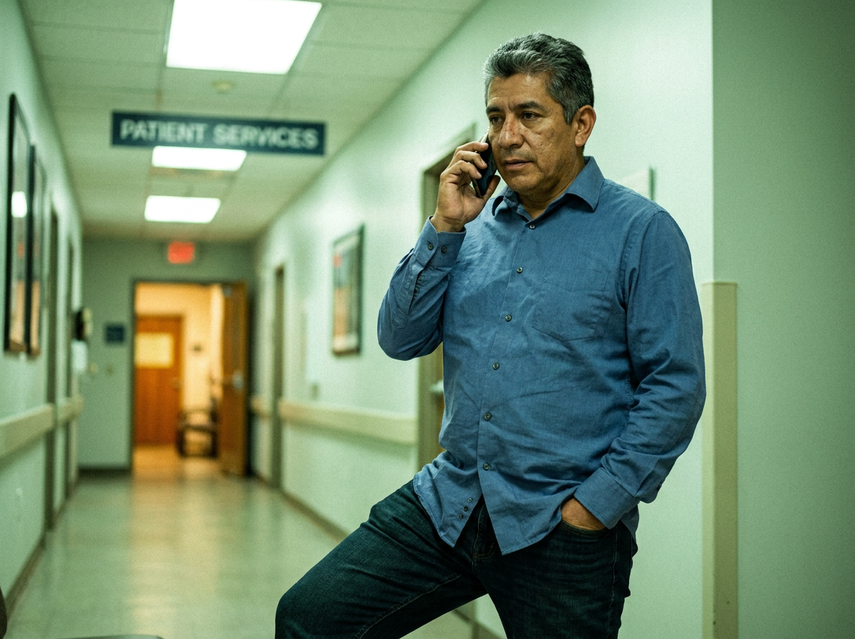 A Latino man in his late 40s stands in a clinic hallway mid-phone call, weight on one leg, his shirt untucked on one side, lit by overhead fluorescent light.