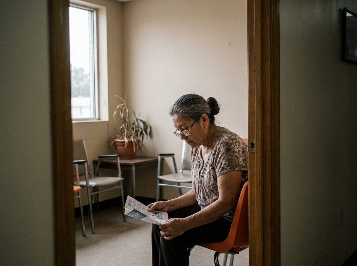 An older Latina woman in her late fifties reads a pamphlet in a small clinic waiting room, glasses slightly askew, framed by a doorway.