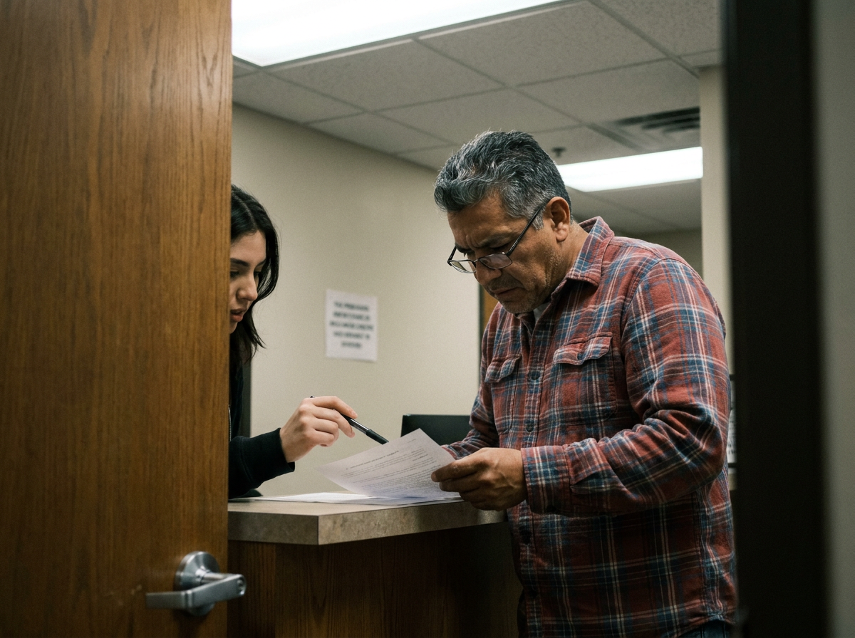 A Hispanic man in his late 40s standing at a reception counter, reading a document with his glasses on while a staff member points to something on the page.
