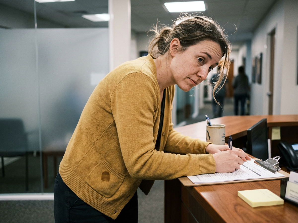 Woman completing intake paperwork at a chiropractic clinic reception desk
