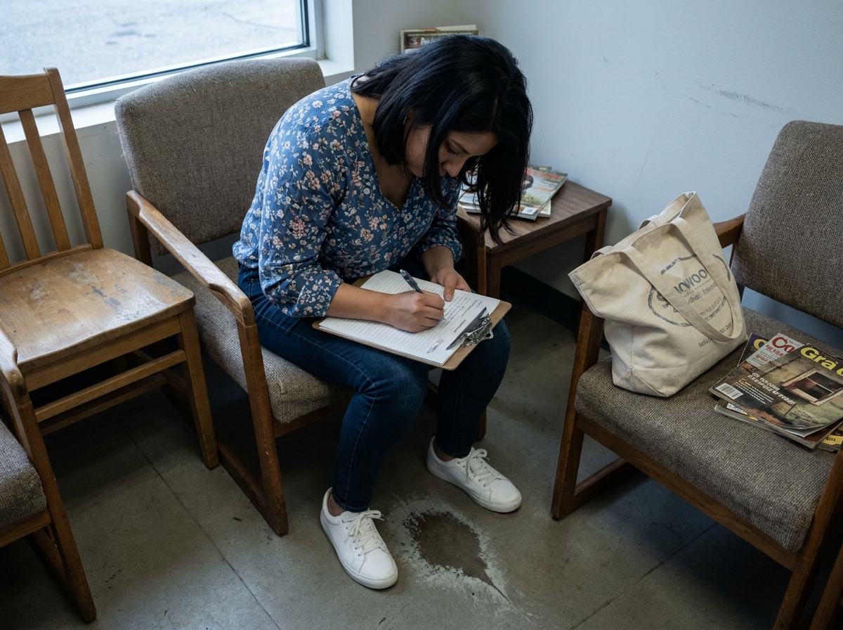 Young woman leaning forward in a clinic waiting area, focused on filling out a paper form