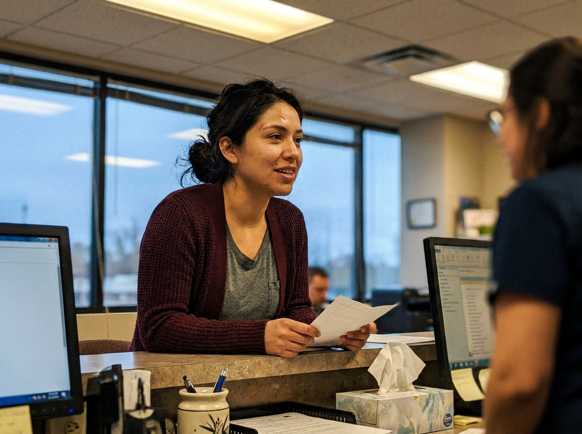 A young Latina woman in her mid-20s speaking with a clinic receptionist at a front desk, holding a folded paper mid-conversation.