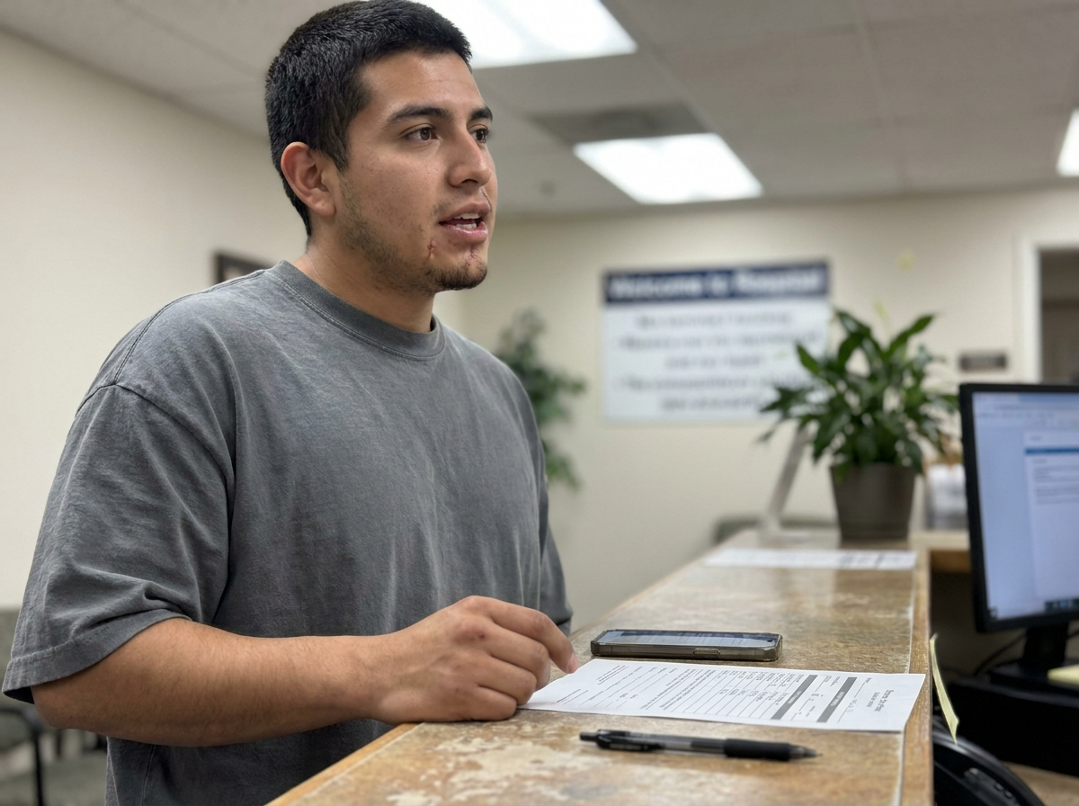 A young Latino man speaks with clinic staff at the front desk during his first visit, mid-conversation in natural reception lighting.