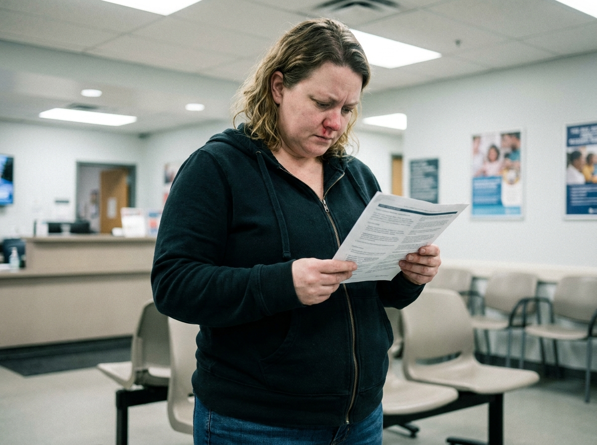 A woman in a clinic waiting area reading an insurance document with a focused, slightly uncertain expression.
