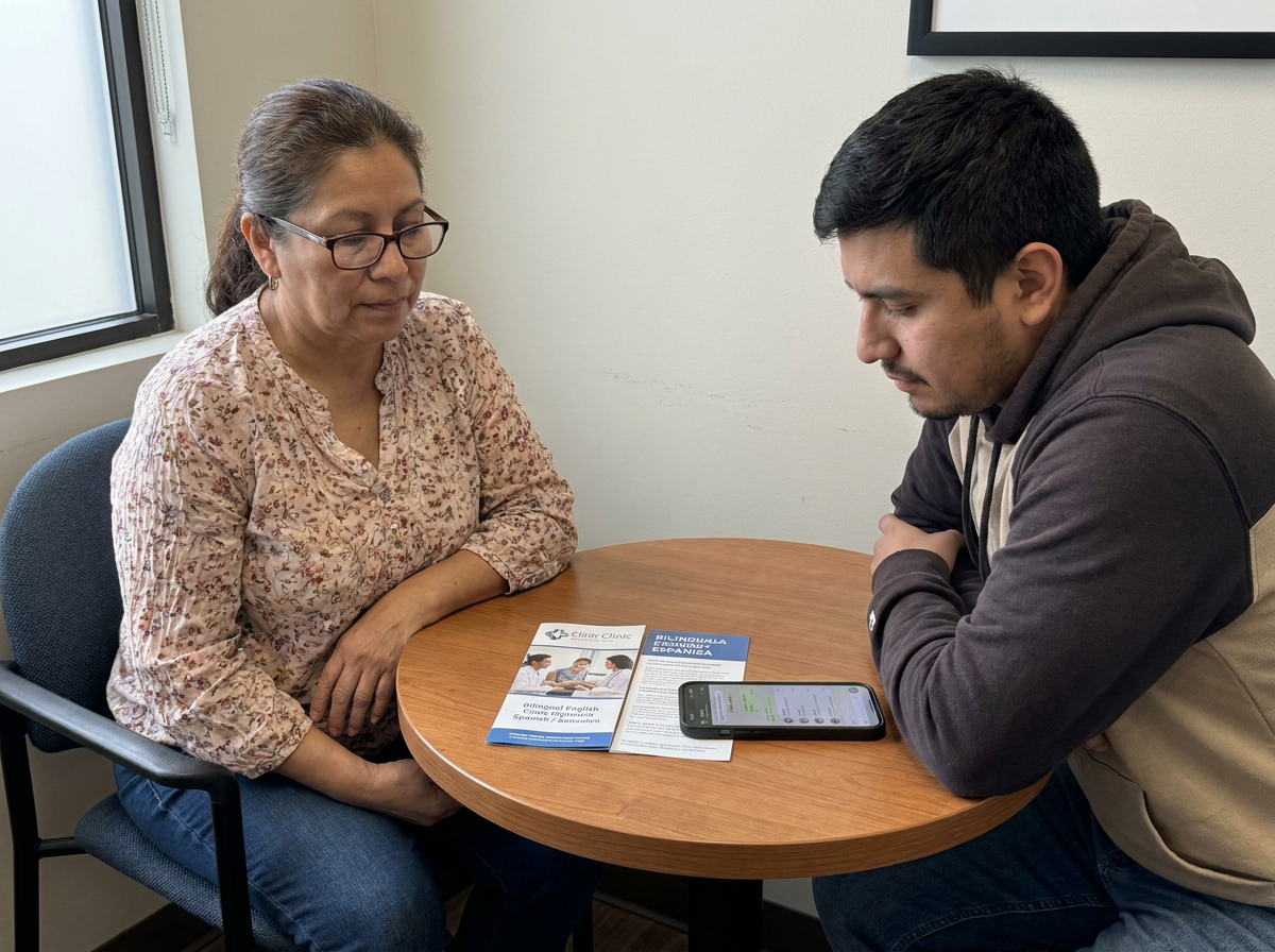 A Latina woman in her late forties and her adult son sit together at a clinic consultation table looking at intake materials in flat window light.
