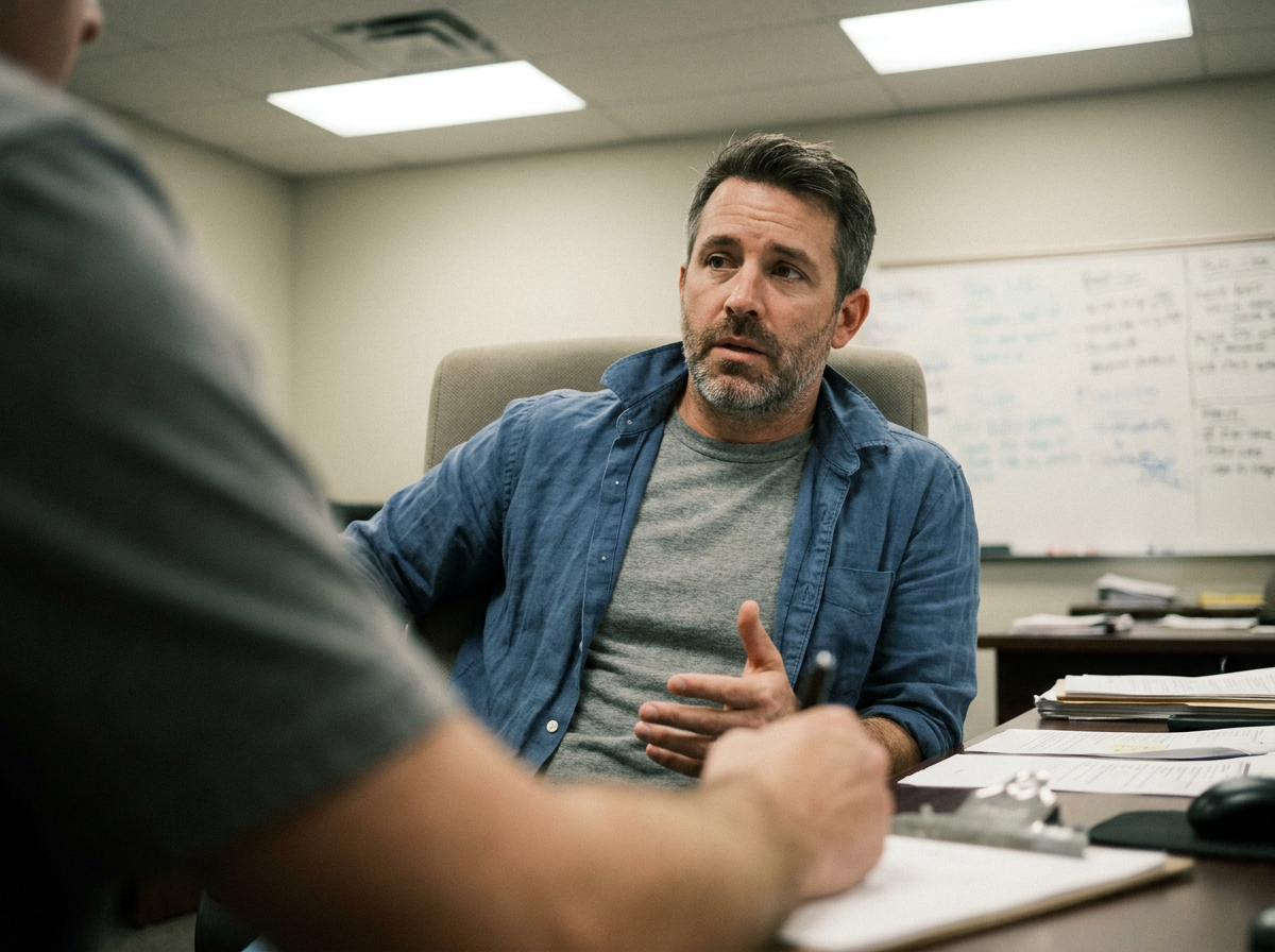 Man in casual clothes speaking with a provider during an office visit, seen from over the shoulder of the person across the desk