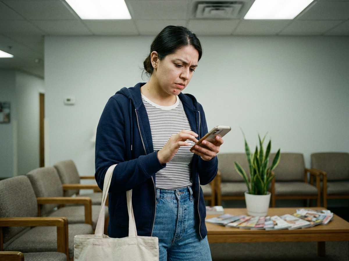 Young woman in a clinic waiting room looking at her phone with a thoughtful expression, fluorescent light