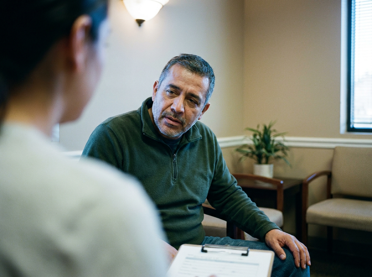 Man in his early 50s in a waiting room mid-conversation, seen from over the shoulder of the person he is talking with