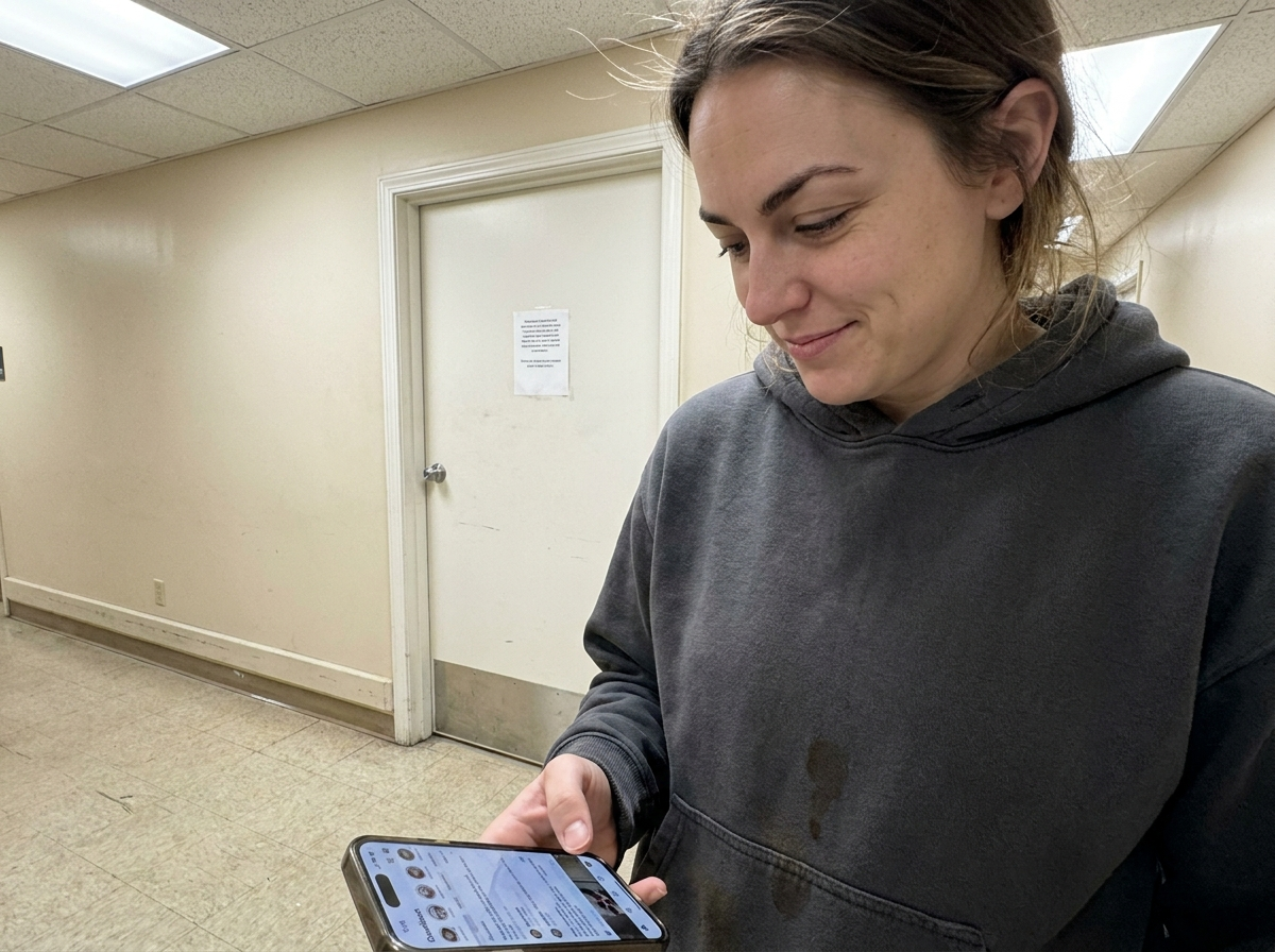 Young woman in a clinic hallway checking her phone, relaxed and mid-moment after an appointment