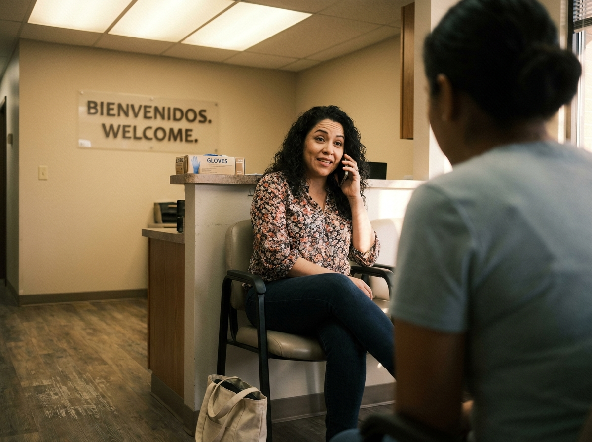 A Latina woman in her late 30s sits in a clinic intake area talking on her phone, one eyebrow raised, a natural smile mid-conversation.