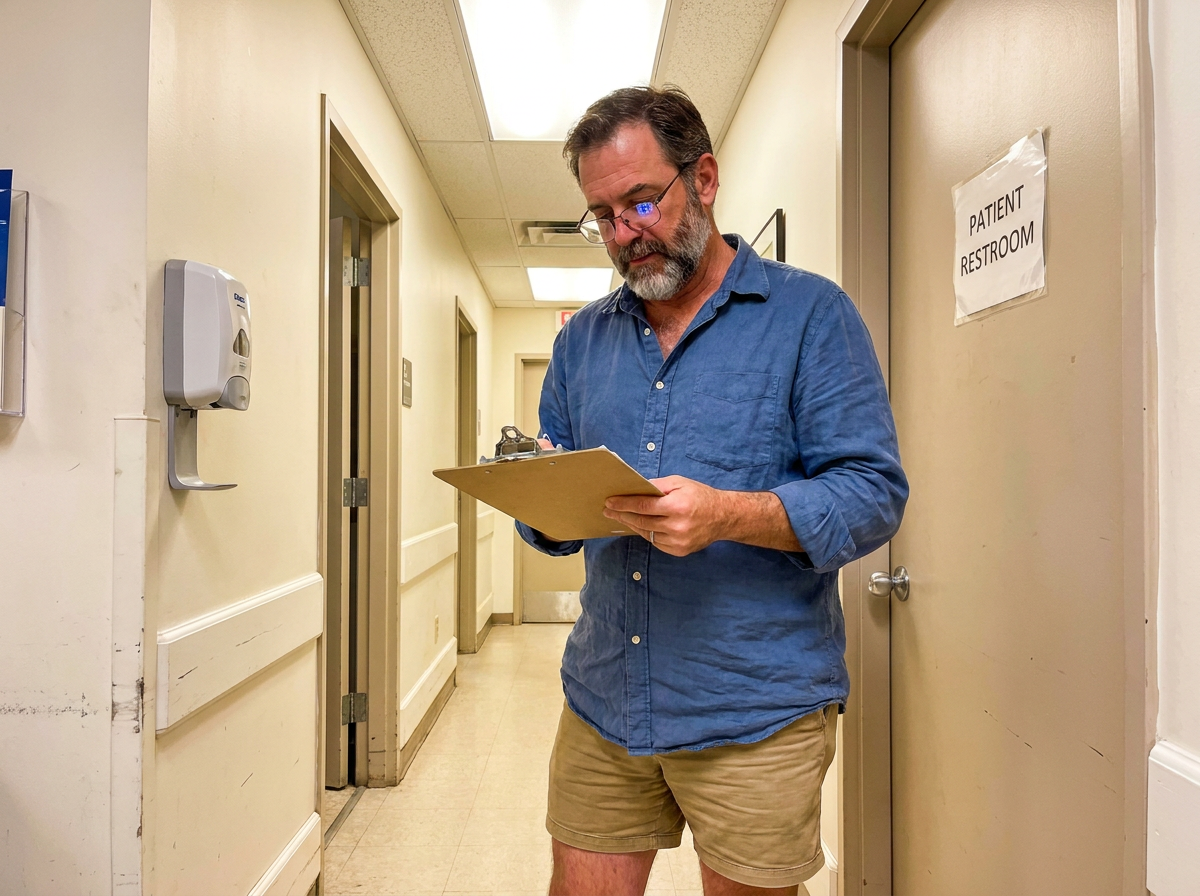 A man in his late 40s reads a clipboard in a clinic hallway under fluorescent light, caught mid-moment