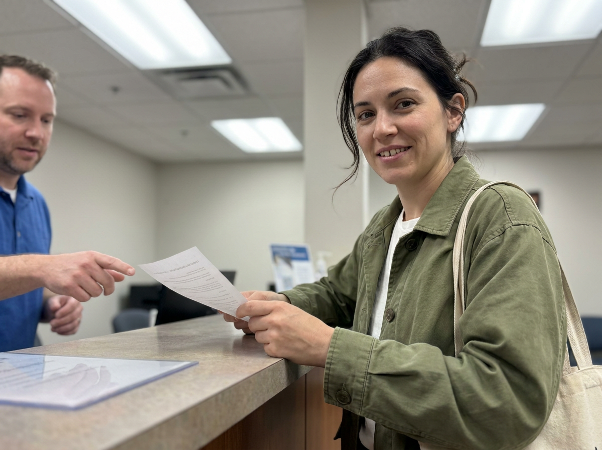 A woman in her early thirties reviewing a document at a clinic reception counter, sharing a natural half-smile, under flat office lighting.