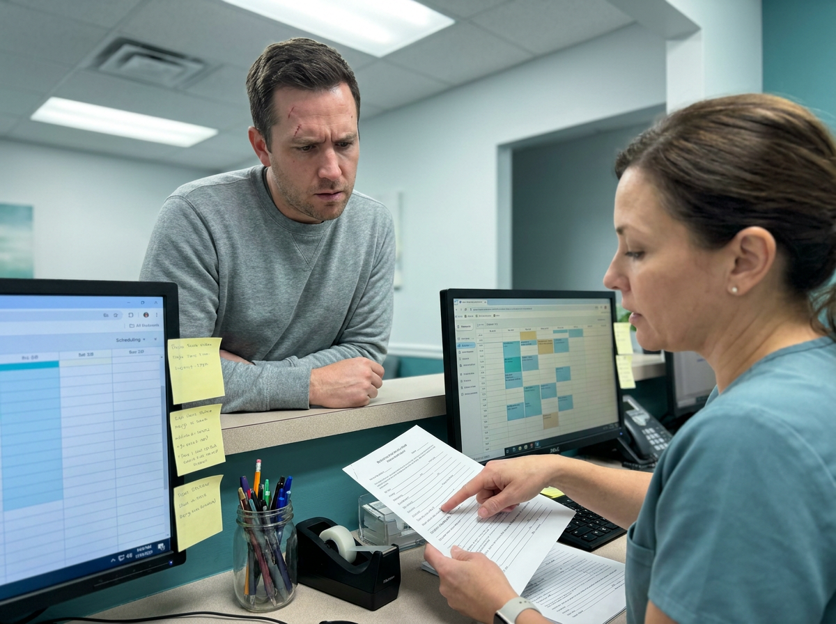 A patient and a front desk staff member reviewing paperwork together at a clinic reception counter