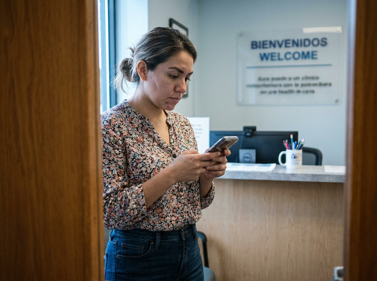 A Spanish-speaking patient on her phone at a bilingual chiropractic clinic reception area.