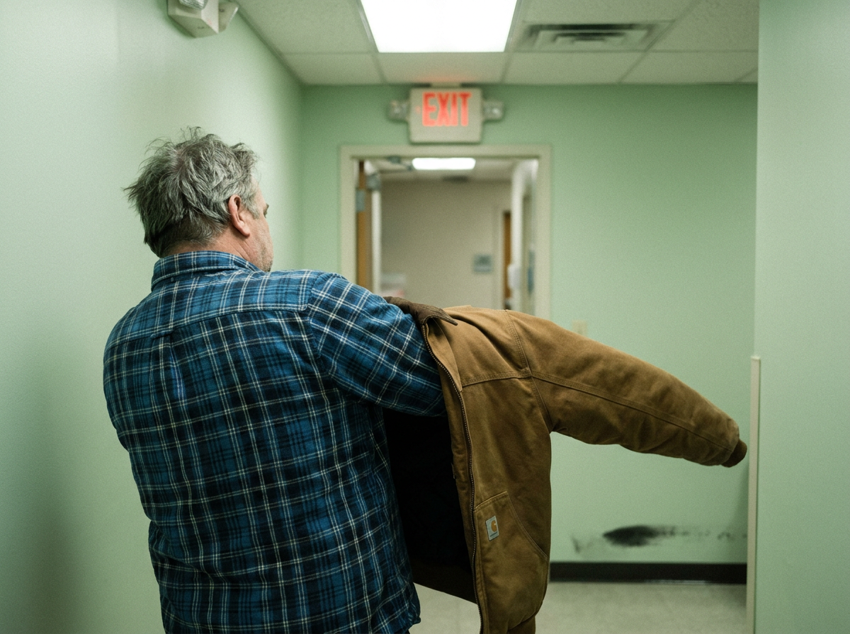 Middle-aged man putting on his jacket in a clinic hallway, heading toward the exit after his appointment, shot over the shoulder in flat fluorescent light