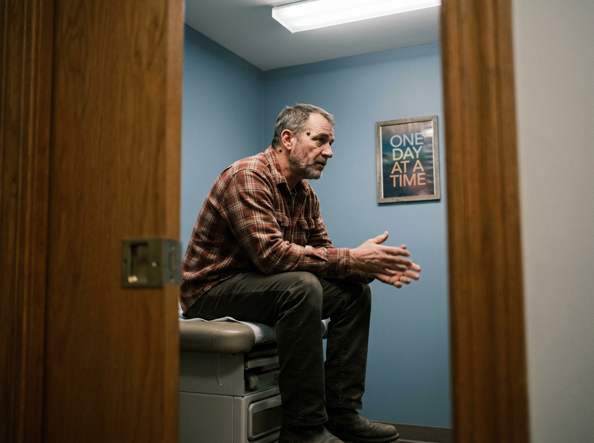 A man in his mid-50s sitting on the edge of an exam table fully clothed, leaning forward mid-conversation during a clinic visit.
