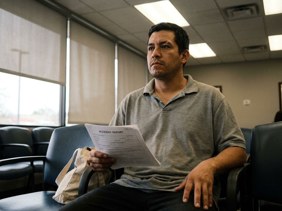 A man in his mid-30s sitting in a clinic waiting room holding an accident report, looking out the window with tired eyes
