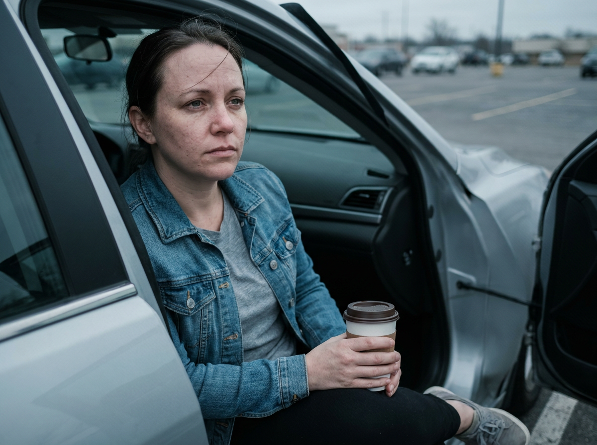 Woman sitting in an open car door looking tired and uncertain after an accident, holding a coffee cup