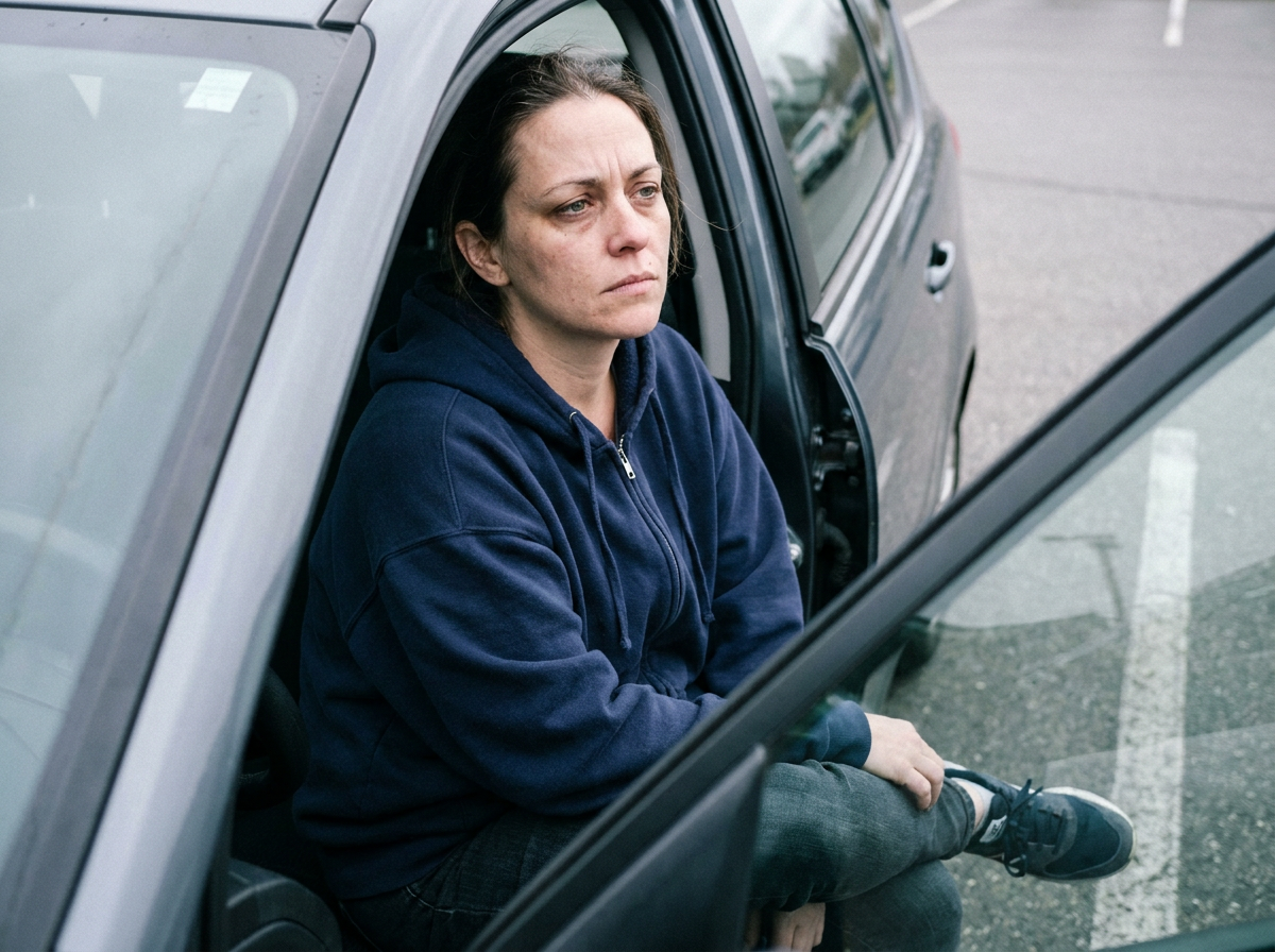 Woman sitting in a parked car with the door open, looking uncertain after an accident, in overcast daylight