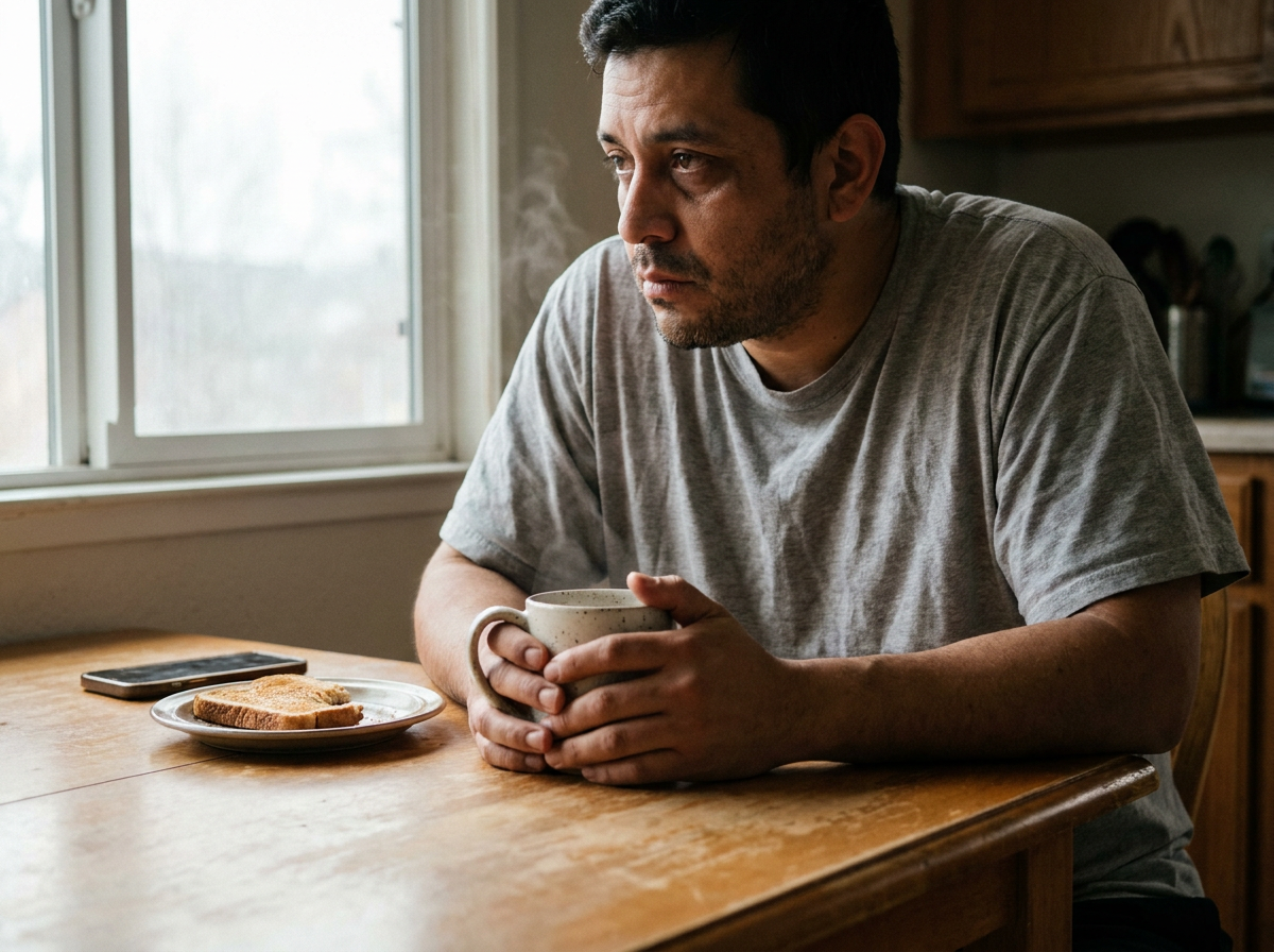 A tired man in his late 30s sits at a kitchen table in the morning, holding a mug and staring out the window with a distracted expression.
