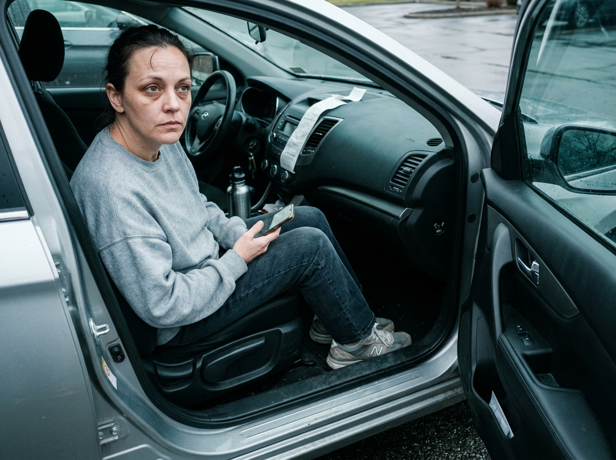 Woman sitting in a parked car with the door open, looking tired and uncertain, holding her phone — mid-moment after a stressful event.